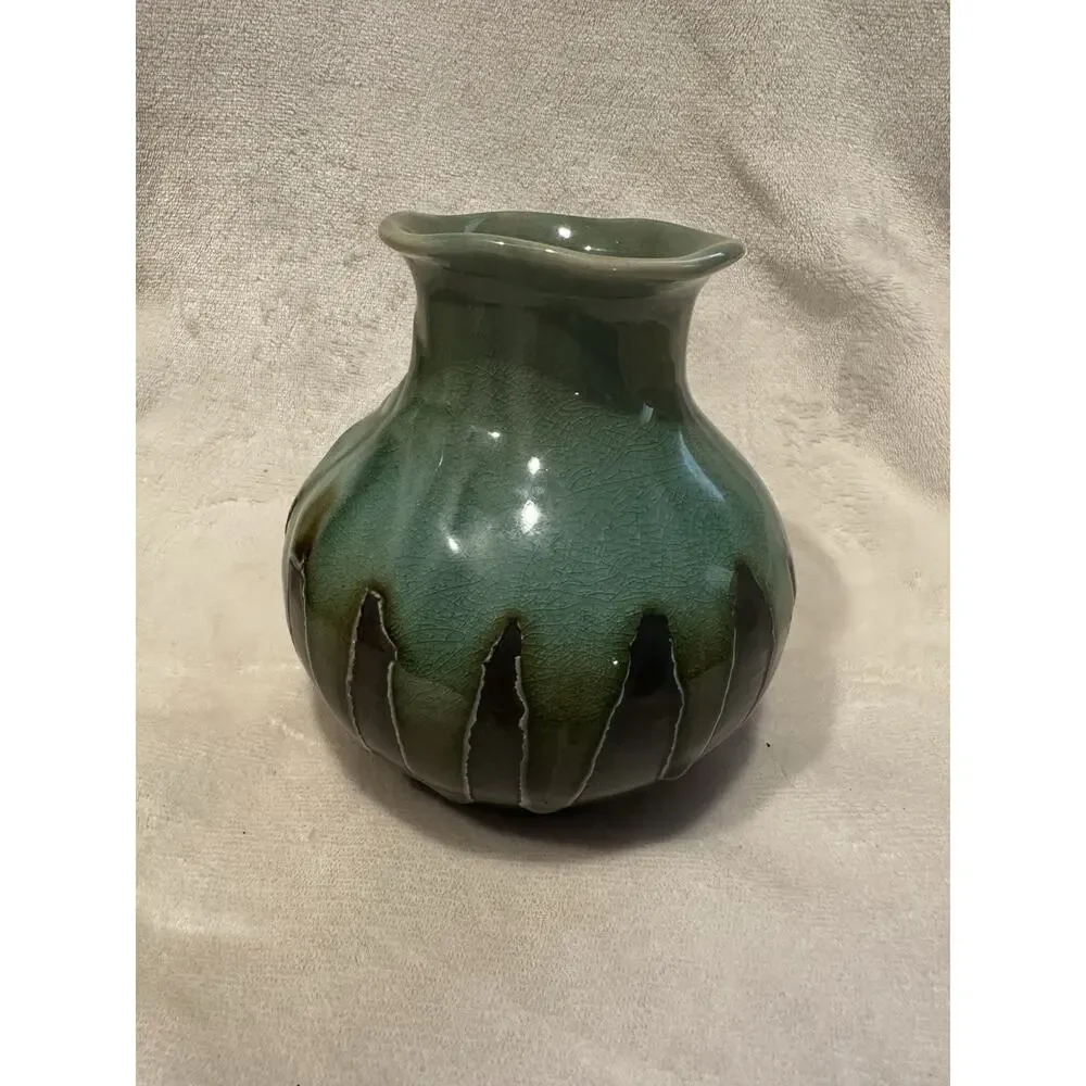 Handcrafted pottery vase green Brown crackle dripping glaze Decor Boho Retro